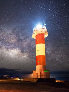 Preview wallpaper lighthouse, starry sky, milky way, night, shore