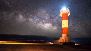 Preview wallpaper lighthouse, starry sky, milky way, night, shore