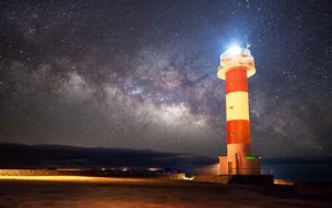 Preview wallpaper lighthouse, starry sky, milky way, night, shore
