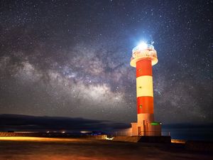 Preview wallpaper lighthouse, starry sky, milky way, night, shore
