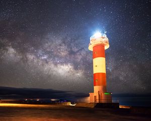 Preview wallpaper lighthouse, starry sky, milky way, night, shore