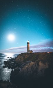 Preview wallpaper lighthouse, starry sky, shore, pescadero, united states