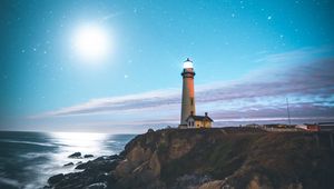 Preview wallpaper lighthouse, starry sky, shore, pescadero, united states