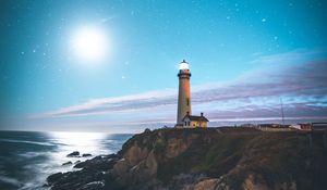 Preview wallpaper lighthouse, starry sky, shore, pescadero, united states