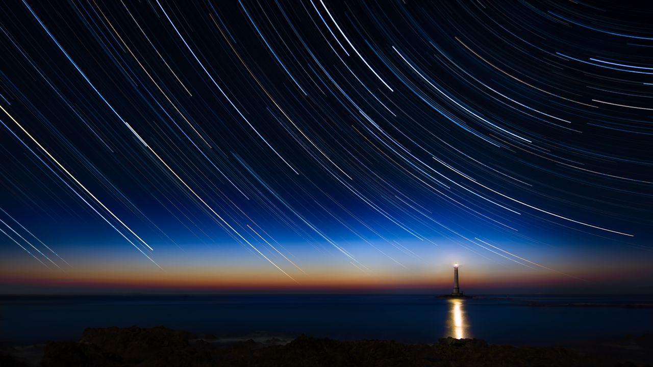 Wallpaper lighthouse, stars, freezelight, sea, night