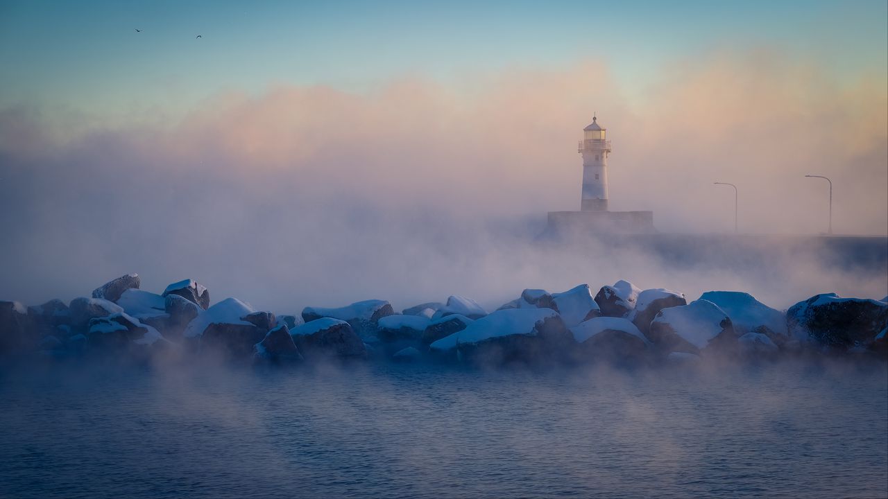 Wallpaper lighthouse, stones, sea, fog