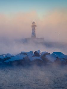 Preview wallpaper lighthouse, stones, sea, fog