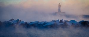 Preview wallpaper lighthouse, stones, sea, fog