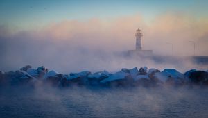 Preview wallpaper lighthouse, stones, sea, fog