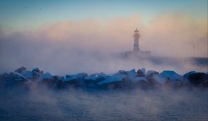 Preview wallpaper lighthouse, stones, sea, fog