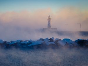 Preview wallpaper lighthouse, stones, sea, fog