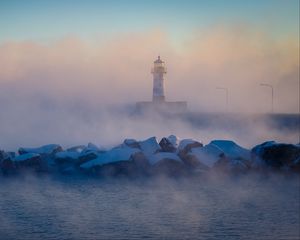 Preview wallpaper lighthouse, stones, sea, fog