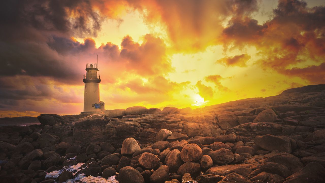 Wallpaper lighthouse, stones, shore, clouds