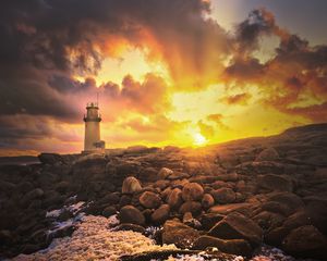 Preview wallpaper lighthouse, stones, shore, clouds