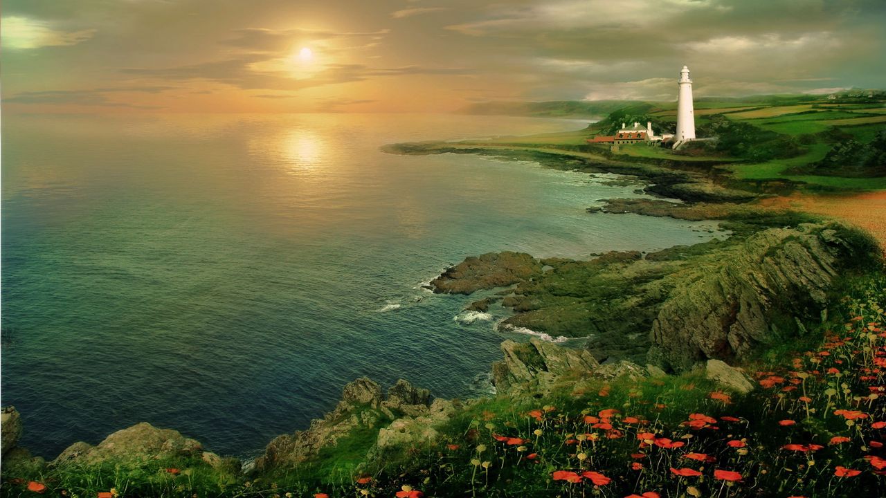Wallpaper lighthouse, sunset, sea, shore, height, poppies, flowers