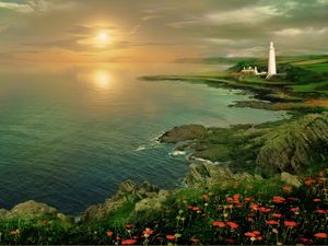 Preview wallpaper lighthouse, sunset, sea, shore, height, poppies, flowers