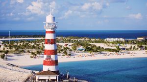 Preview wallpaper lighthouse, tower, beach, island, sea, landscape