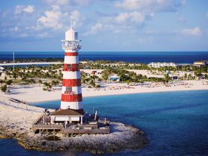 Preview wallpaper lighthouse, tower, beach, island, sea, landscape