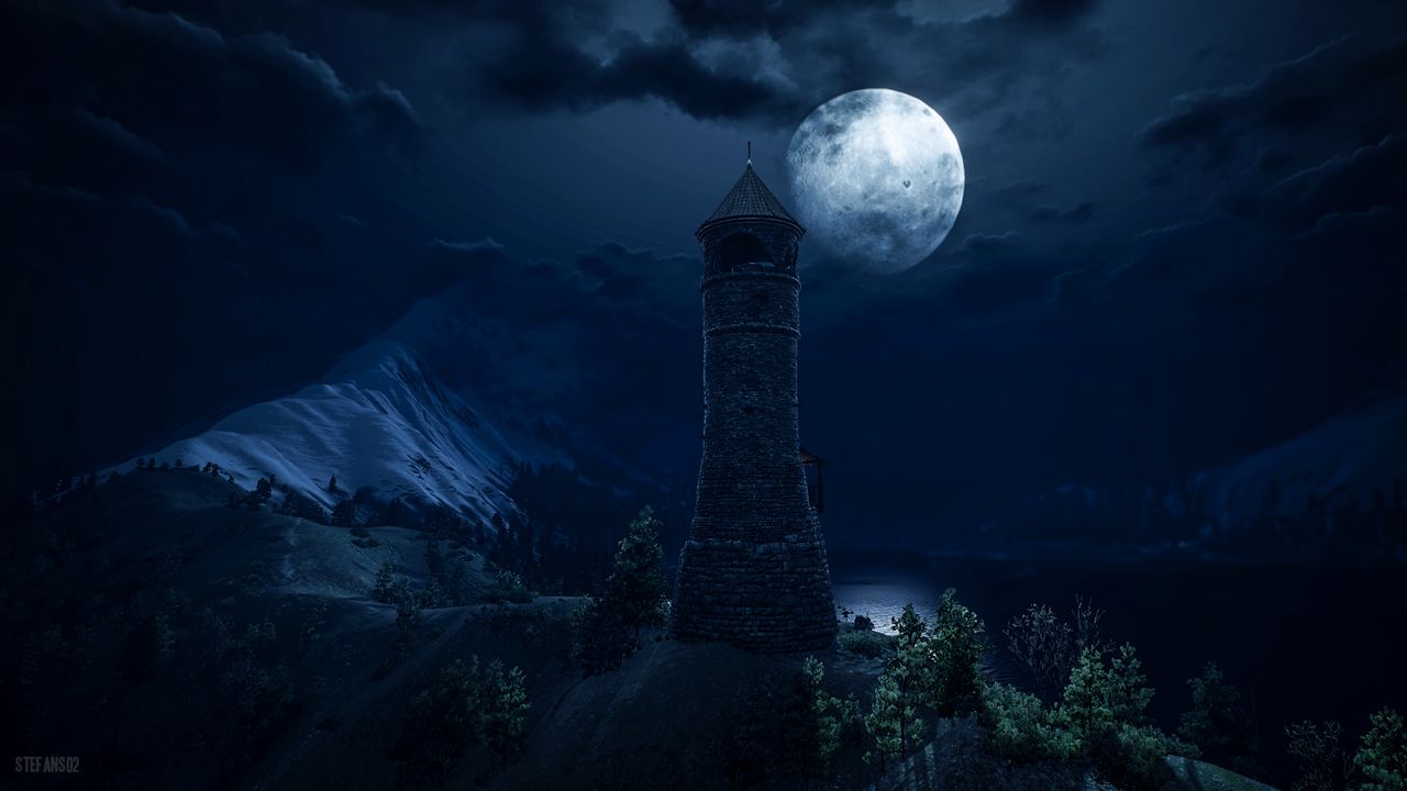 Wallpaper lighthouse, tower, full moon, dark, fantastic, art