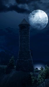 Preview wallpaper lighthouse, tower, full moon, dark, fantastic, art