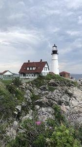 Preview wallpaper lighthouse, tower, house, architecture, cliff