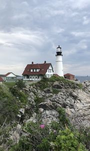 Preview wallpaper lighthouse, tower, house, architecture, cliff