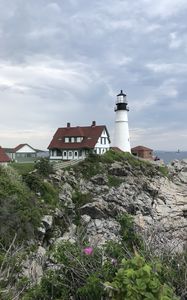 Preview wallpaper lighthouse, tower, house, architecture, cliff