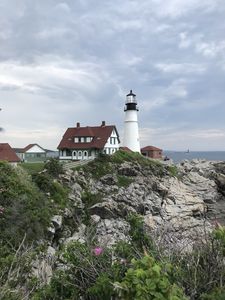Preview wallpaper lighthouse, tower, house, architecture, cliff