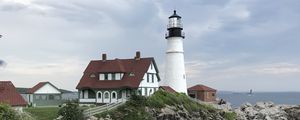 Preview wallpaper lighthouse, tower, house, architecture, cliff