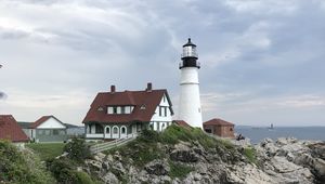 Preview wallpaper lighthouse, tower, house, architecture, cliff