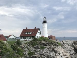 Preview wallpaper lighthouse, tower, house, architecture, cliff