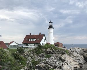 Preview wallpaper lighthouse, tower, house, architecture, cliff