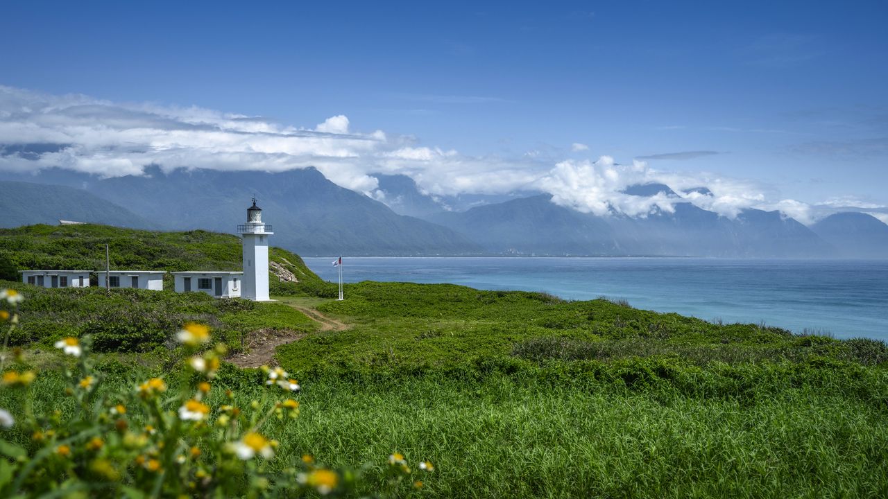 Wallpaper lighthouse, tower, sea, mountains, landscape