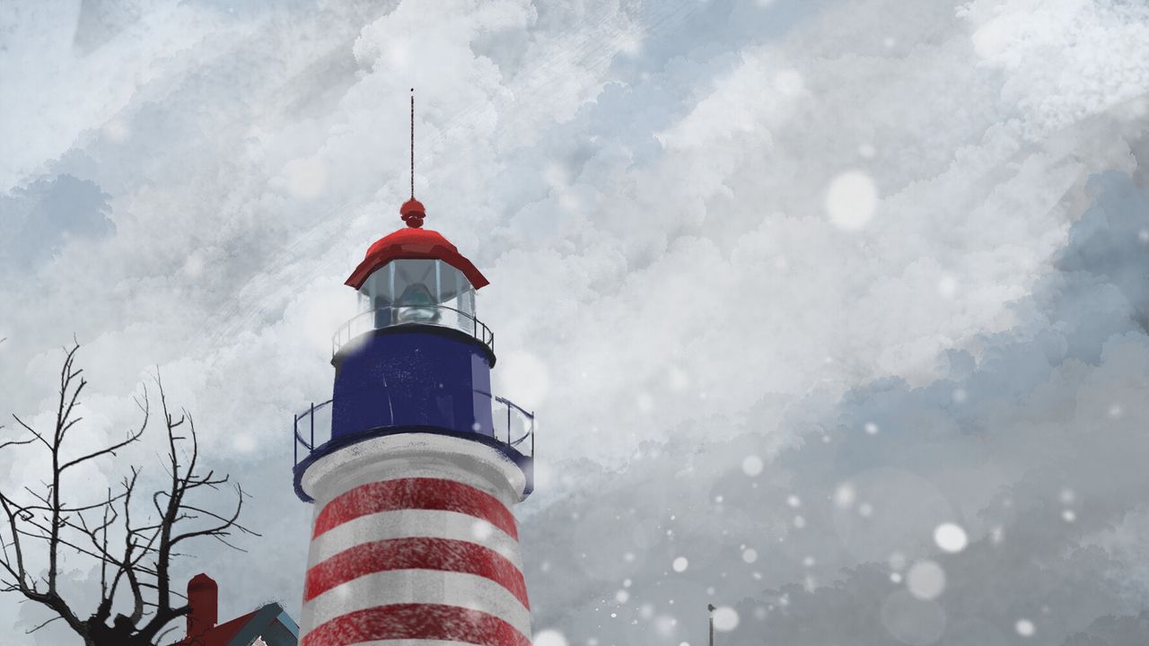 Wallpaper lighthouse, tower, stripes, snow, art