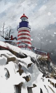 Preview wallpaper lighthouse, tower, stripes, snow, art