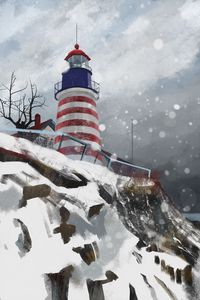 Preview wallpaper lighthouse, tower, stripes, snow, art
