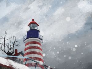 Preview wallpaper lighthouse, tower, stripes, snow, art