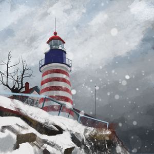 Preview wallpaper lighthouse, tower, stripes, snow, art