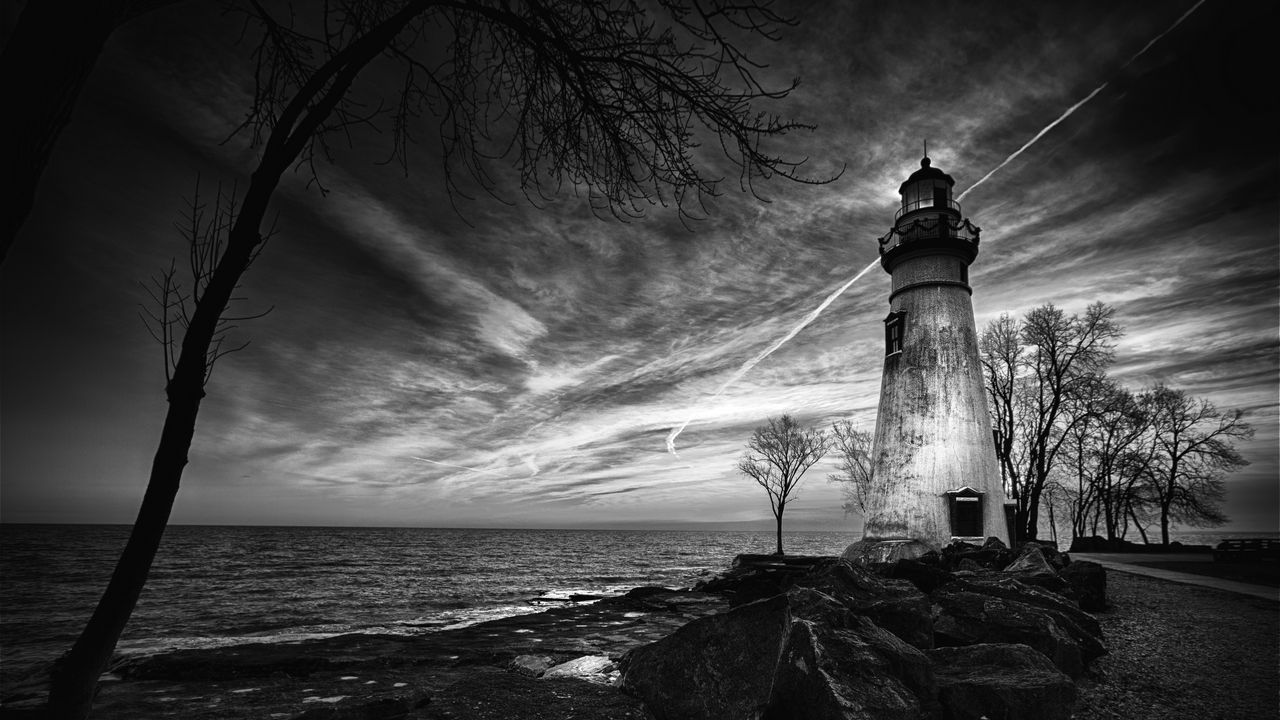 Wallpaper lighthouse, trees, coast, sea, bw