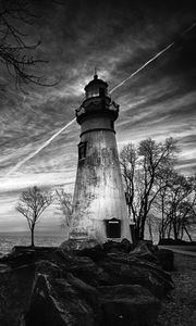 Preview wallpaper lighthouse, trees, coast, sea, bw