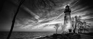 Preview wallpaper lighthouse, trees, coast, sea, bw