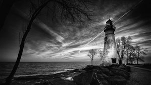 Preview wallpaper lighthouse, trees, coast, sea, bw
