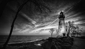Preview wallpaper lighthouse, trees, coast, sea, bw