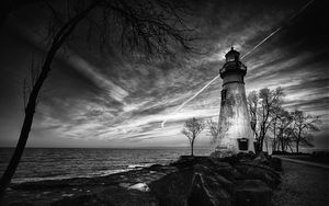 Preview wallpaper lighthouse, trees, coast, sea, bw