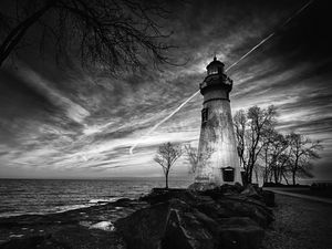 Preview wallpaper lighthouse, trees, coast, sea, bw