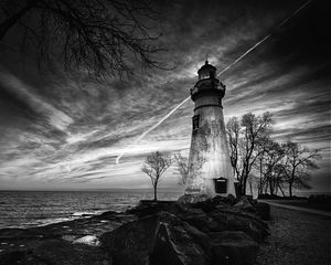 Preview wallpaper lighthouse, trees, coast, sea, bw