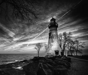 Preview wallpaper lighthouse, trees, coast, sea, bw