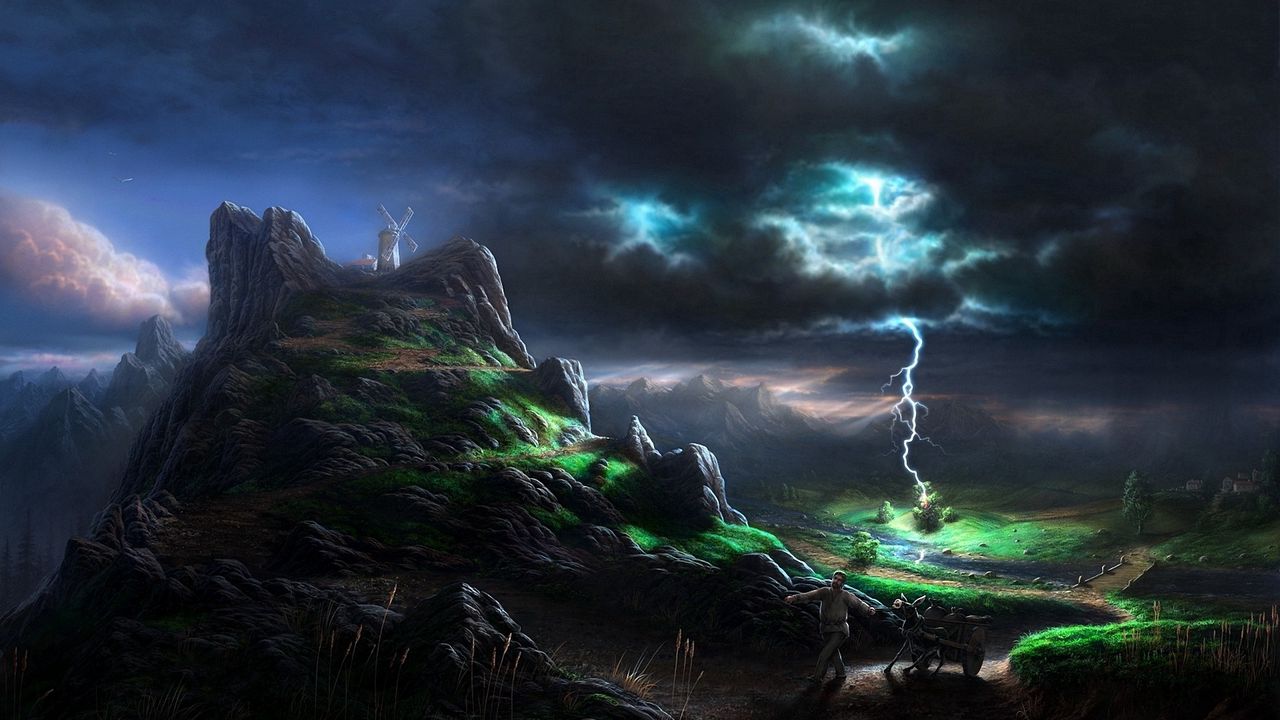 Wallpaper lightning, blow, elements, category, person, burro, fright, mills, mountains, painting, art