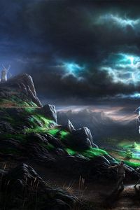 Preview wallpaper lightning, blow, elements, category, person, burro, fright, mills, mountains, painting, art