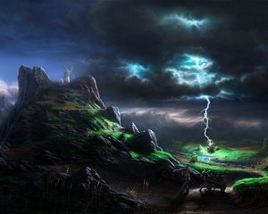 Preview wallpaper lightning, blow, elements, category, person, burro, fright, mills, mountains, painting, art